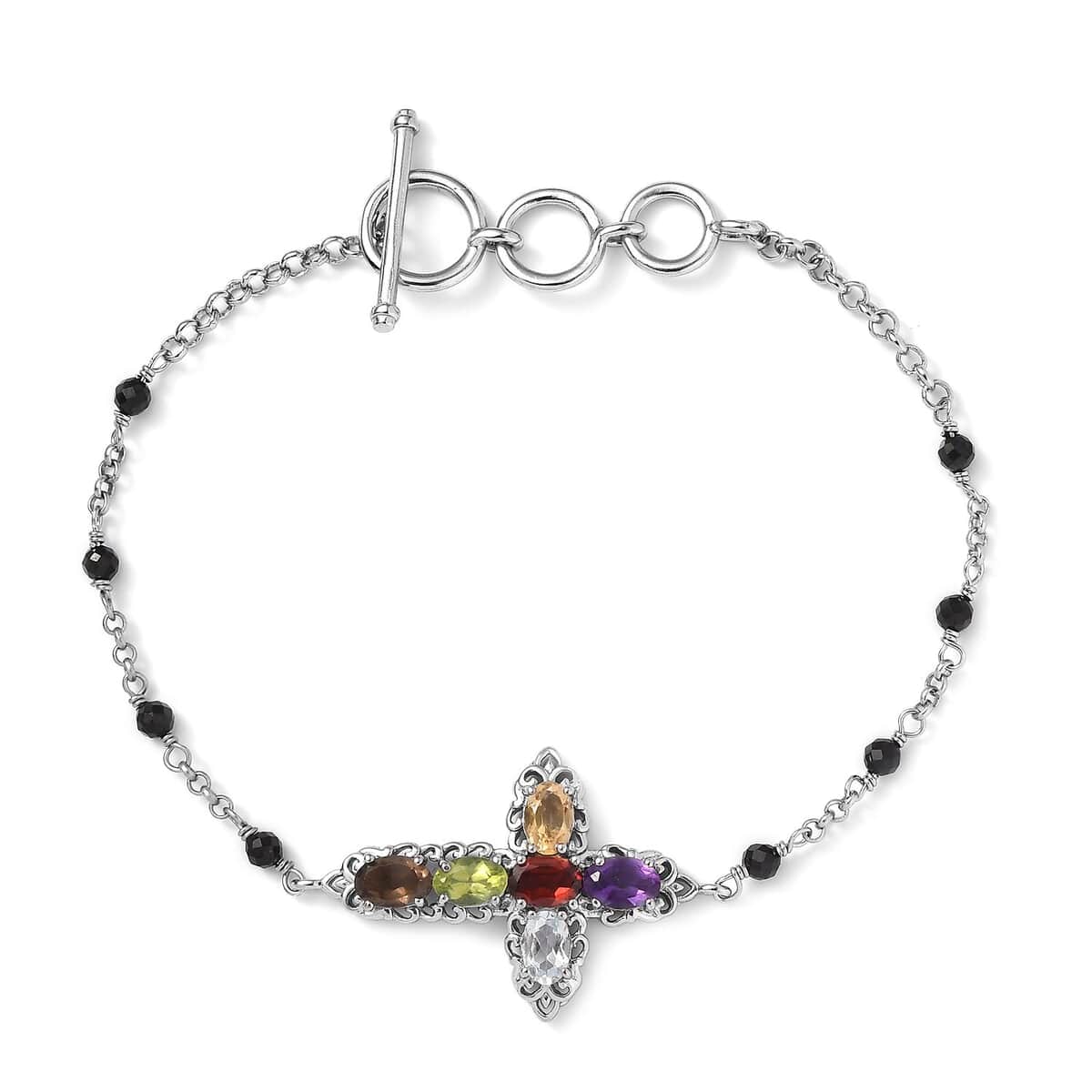 Karis Multi Gemstone Cross Bracelet in Platinum Bond (6.50-8.00In) 5.10 ctw image number 0