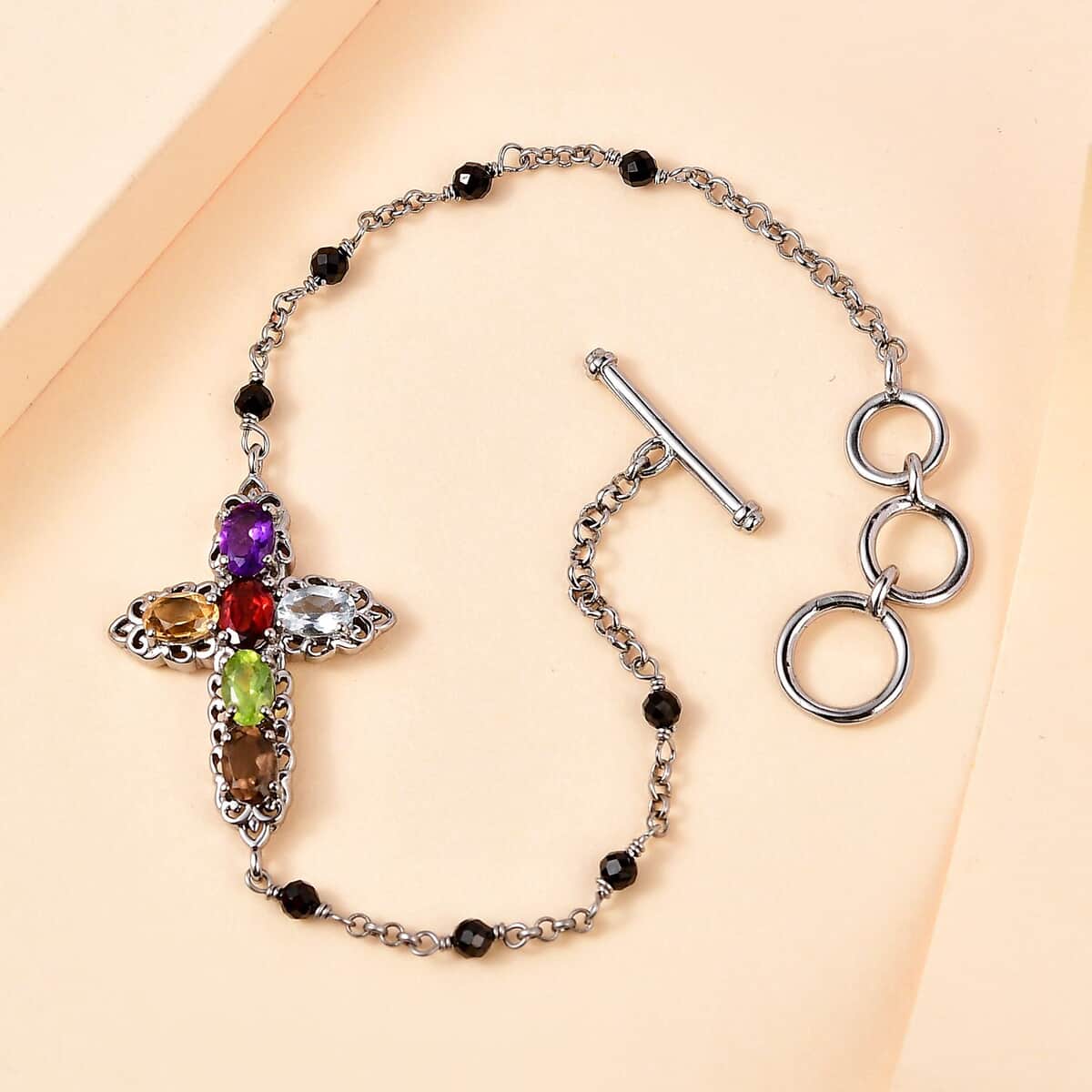 Karis Multi Gemstone Cross Bracelet in Platinum Bond (6.50-8.00In) 5.10 ctw image number 1