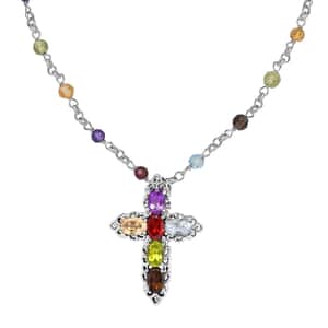 Karis Multi Gemstone Cross Necklace 18 Inches in Platinum Bond 8.25 ctw