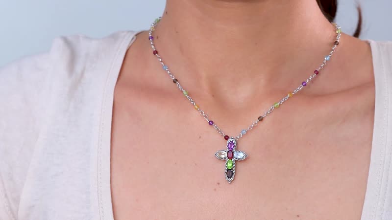 Karis Multi Gemstone Cross Necklace 18 Inches in Platinum Bond 8.25 ctw