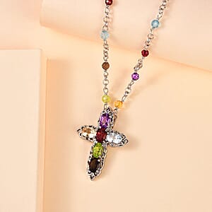 Karis Multi Gemstone Cross Necklace 18-20 Inches in Platinum Bond 8.25 ctw