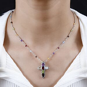 Karis Multi Gemstone Cross Necklace 18-20 Inches in Platinum Bond 8.25 ctw