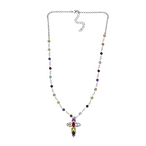 Karis Multi Gemstone Cross Necklace 18-20 Inches in Platinum Bond 8.25 ctw