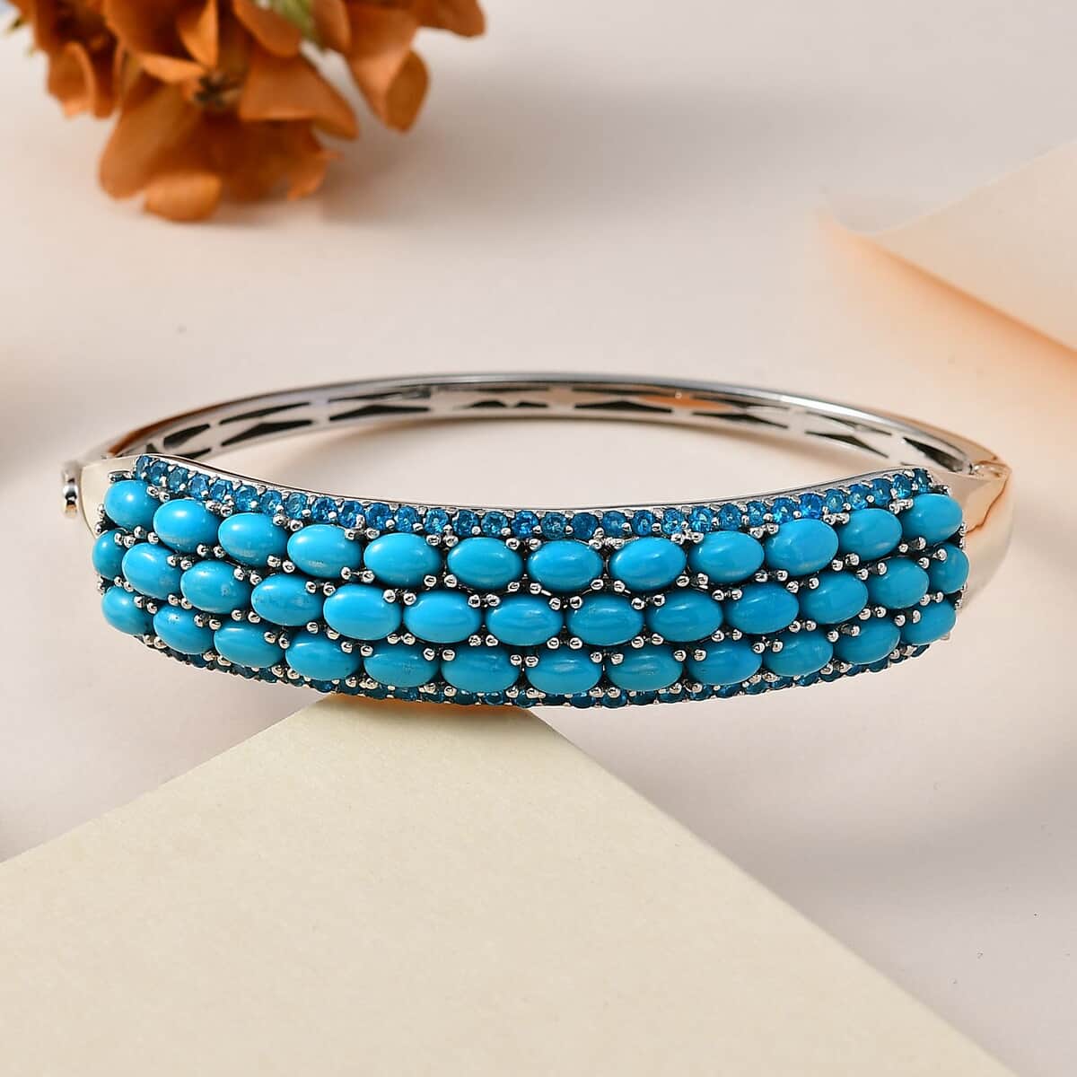 Premium Sleeping Beauty Turquoise and Malgache Neon Apatite Bangle Bracelet in Platinum Over Sterling Silver (7.25 In) 13.30 ctw image number 1