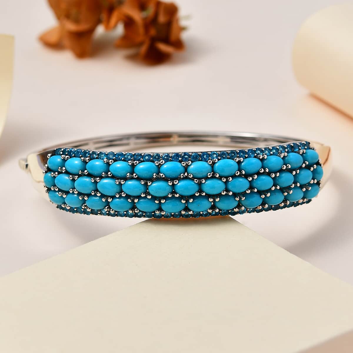 Premium Sleeping Beauty Turquois and Malgache Neon Apatite Bangle Bracelet in Platinum Over Sterling Silver (8.00 In) 13.30 ctw image number 1