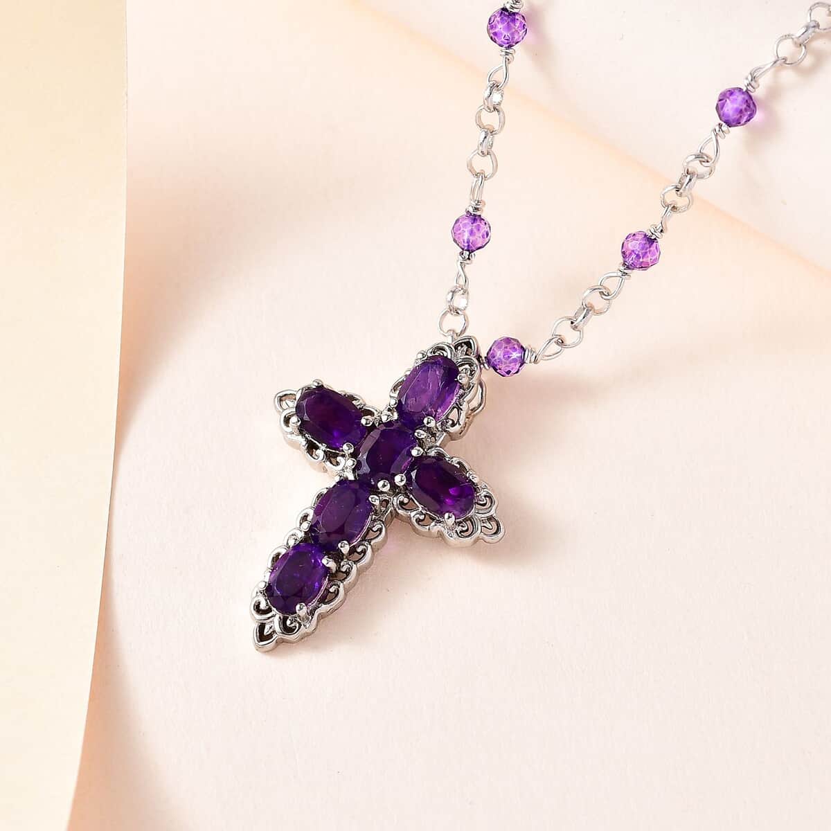 Karis African Amethyst Cross Necklace 18-20 Inches in Platinum Bond 5.90 ctw image number 1