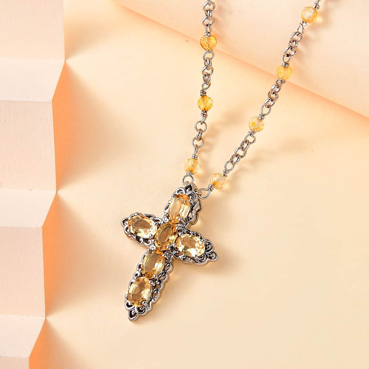 Karis Brazilian Citrine Cross Necklace 18-20 Inches in Platinum Bond 7.20 ctw image number 1