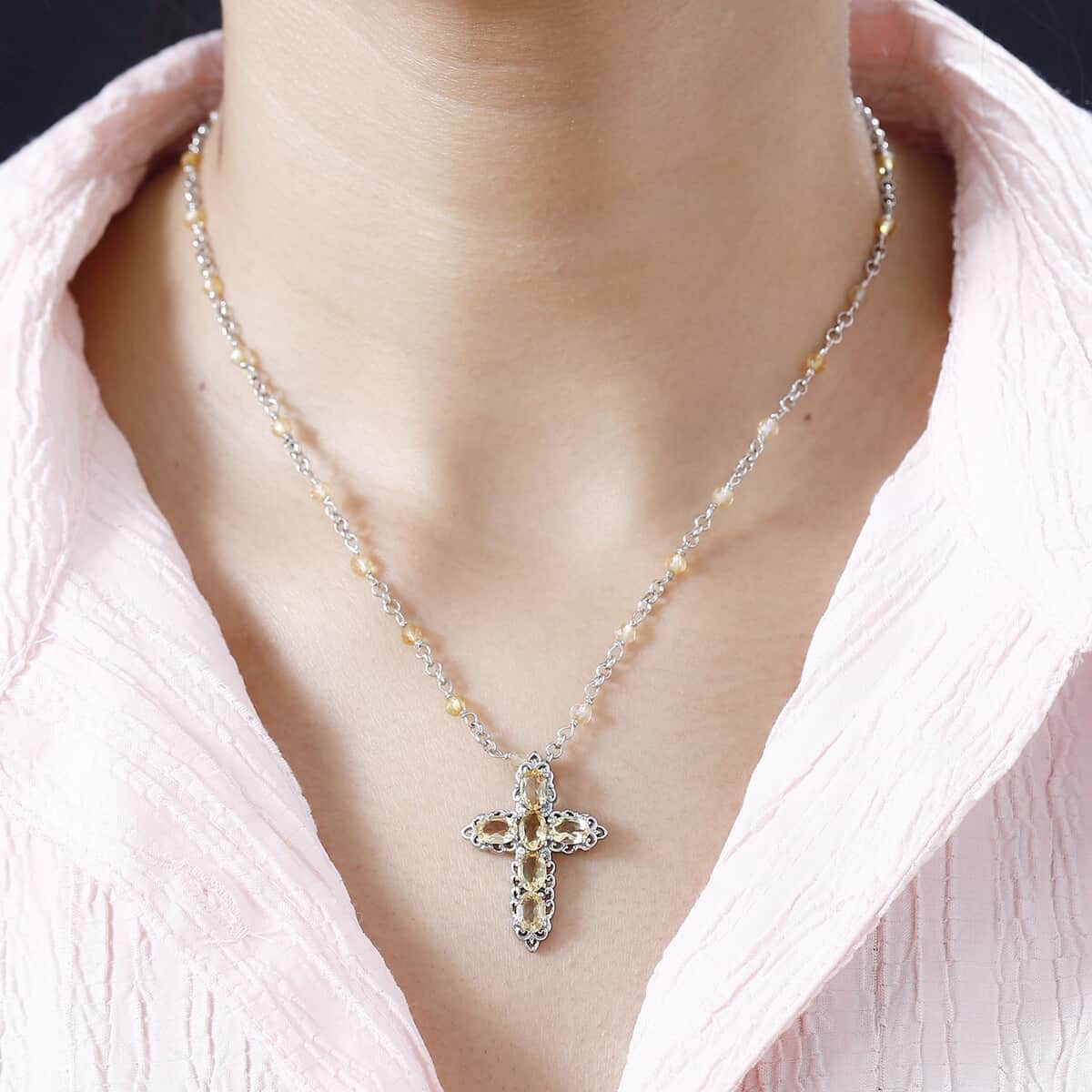 Karis Brazilian Citrine Cross Necklace 18-20 Inches in Platinum Bond 7.20 ctw image number 2