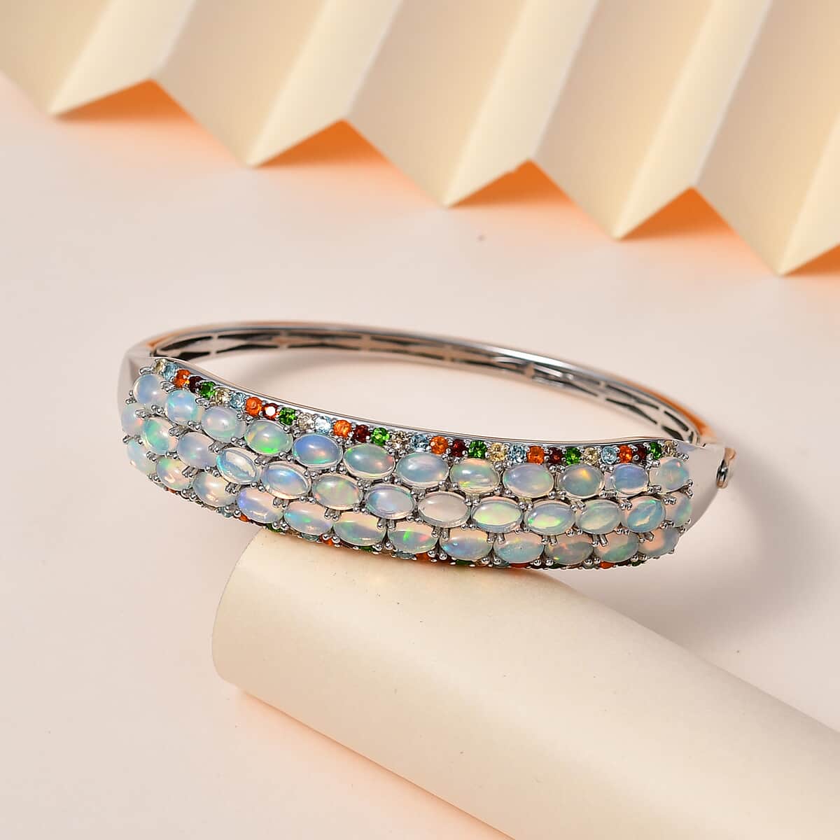 Premium Ethiopian Welo Opal and Multi Gemstone Bangle Bracelet in Platinum Over Sterling Silver (6.50 In) 11.75 ctw image number 1