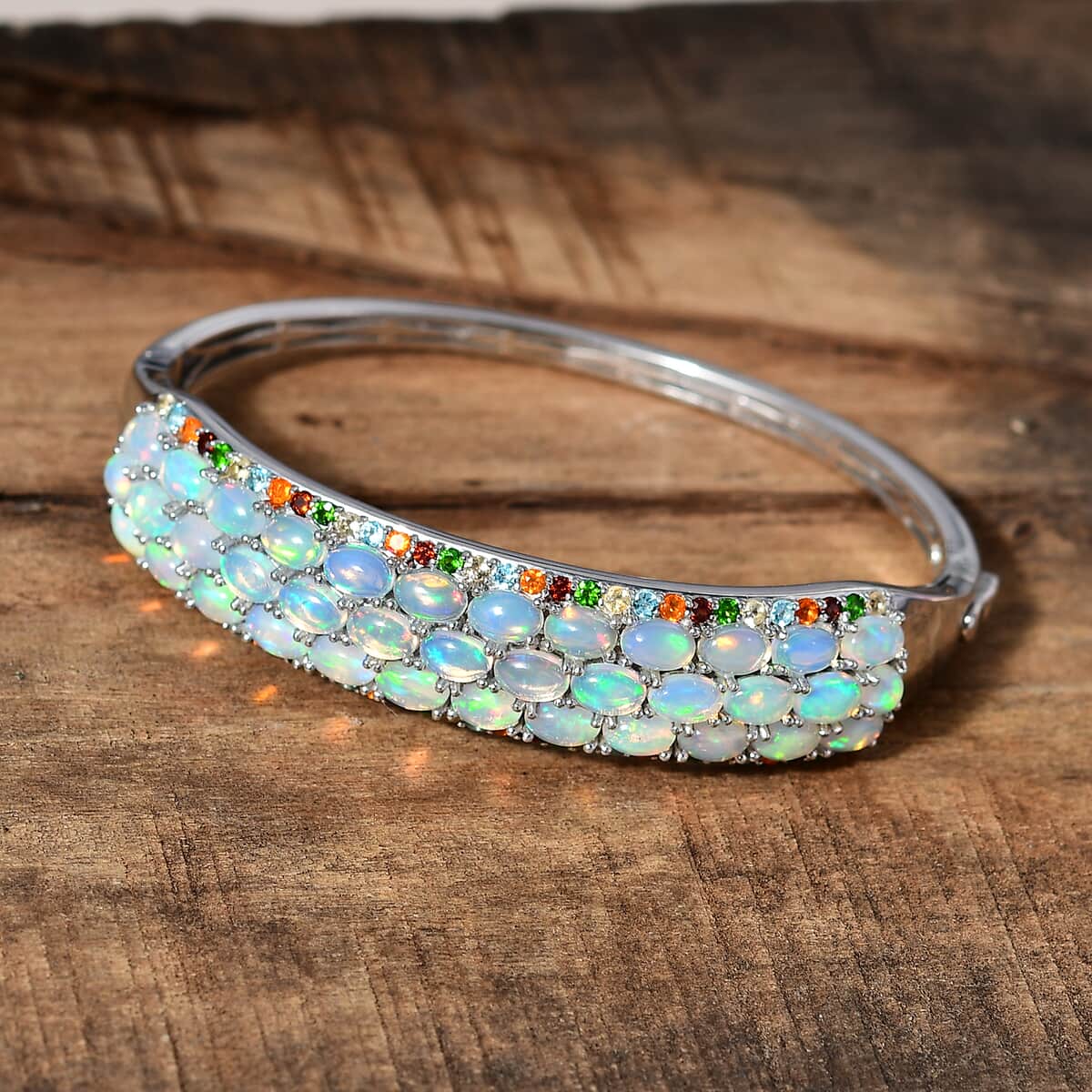 Premium Ethiopian Welo Opal and Multi Gemstone Bangle Bracelet in Platinum Over Sterling Silver (6.50 In) 11.75 ctw image number 2