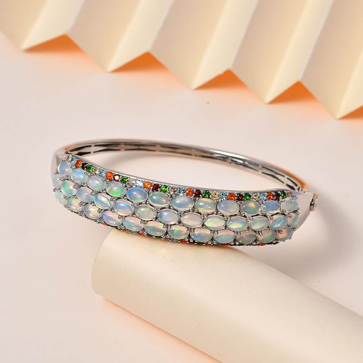 Premium Ethiopian Welo Opal and Multi Gemstone Bangle Bracelet in Platinum Over Sterling Silver (7.25 In) 11.75 ctw image number 1