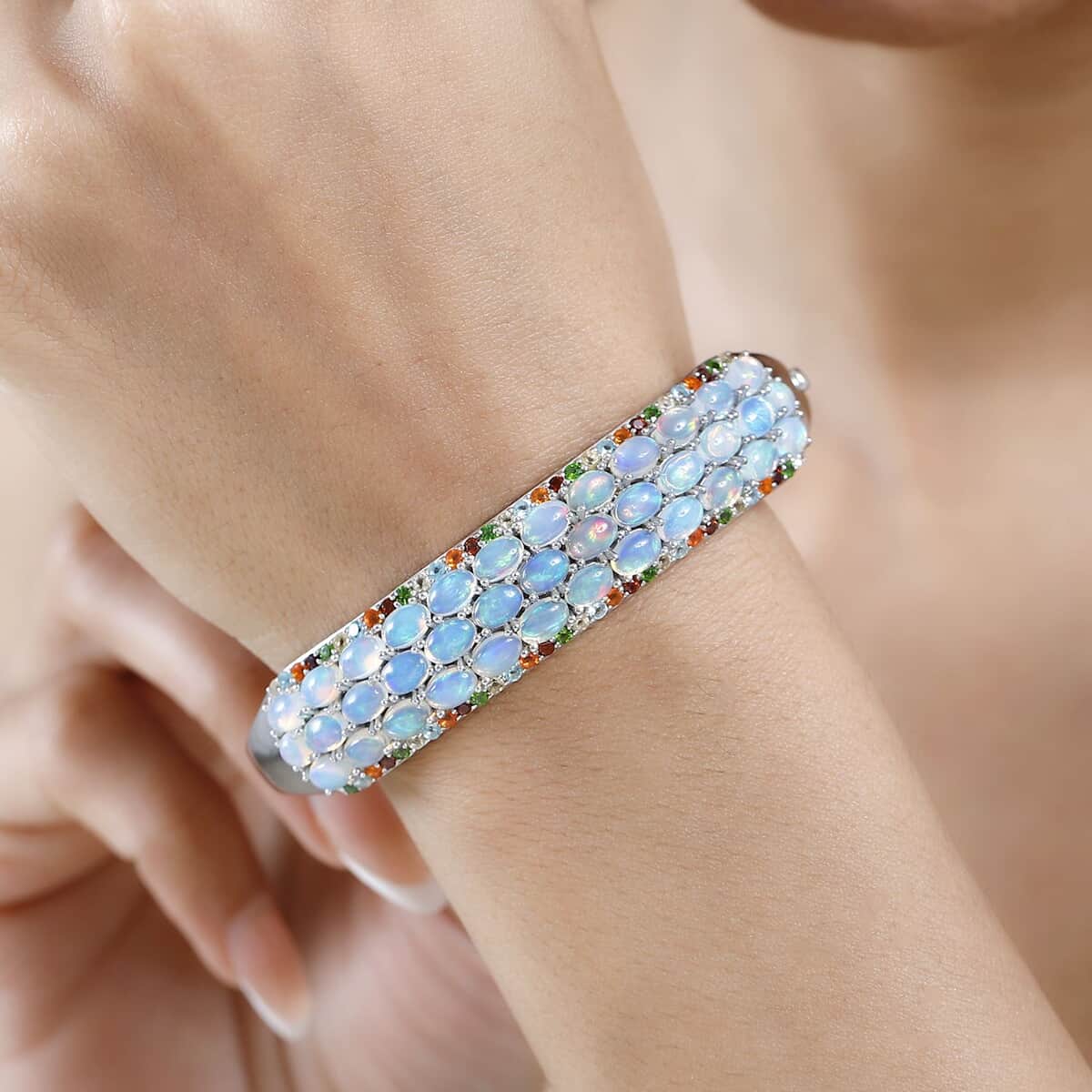 Premium Ethiopian Welo Opal and Multi Gemstone Bangle Bracelet in Platinum Over Sterling Silver (7.25 In) 11.75 ctw image number 3