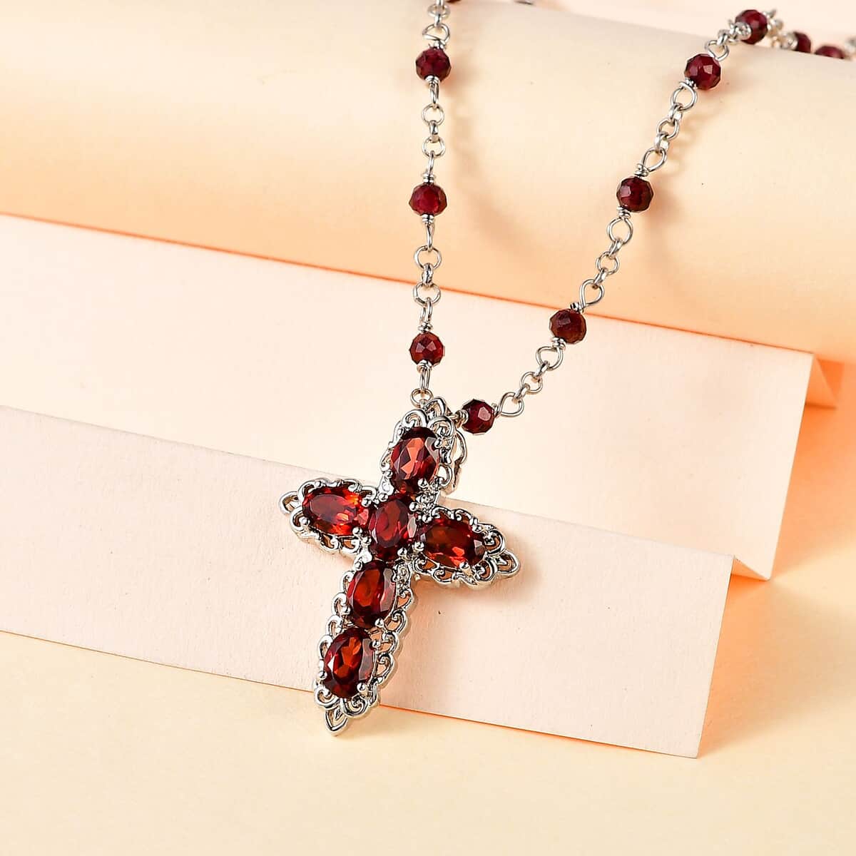 Karis Mozambique Garnet Cross Necklace 18-20 Inches in Platinum Bond 9.25 ctw image number 1