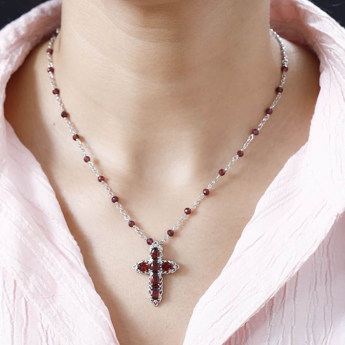 Karis Mozambique Garnet Cross Necklace 18-20 Inches in Platinum Bond 9.25 ctw image number 2