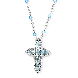 Karis Sky Blue Topaz Cross Necklace 18-20 Inches in Platinum Bond 8.50 ctw