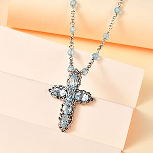 Karis Sky Blue Topaz Cross Necklace 18-20 Inches in Platinum Bond 8.50 ctw
