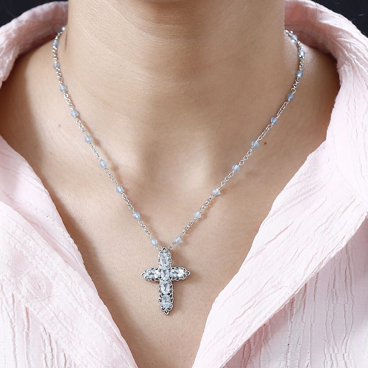 Karis Sky Blue Topaz Cross Necklace 18-20 Inches in Platinum Bond 8.50 ctw image number 2