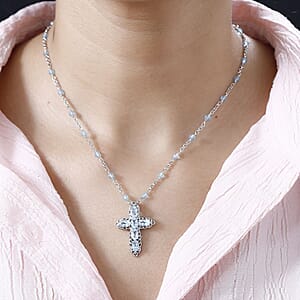 Karis Sky Blue Topaz Cross Necklace 18-20 Inches in Platinum Bond 8.50 ctw