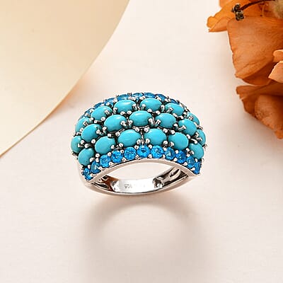 Premium Sleeping Beauty Turquoise and Malgache Neon Apatite Ring in Platinum Over Sterling Silver (Size 10.0) 4.00 ctw