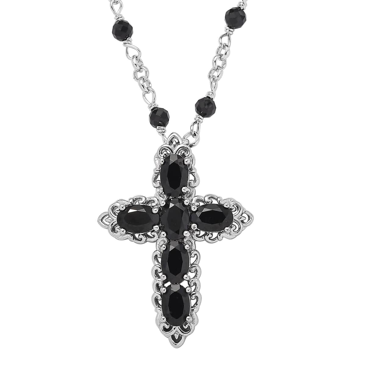 Karis Thai Black Spinel Cross Necklace 18-20 Inches in Platinum Bond 9.30 ctw image number 0