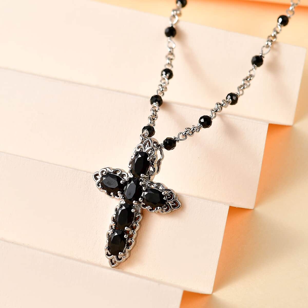 Karis Thai Black Spinel Cross Necklace 18-20 Inches in Platinum Bond 9.30 ctw image number 1