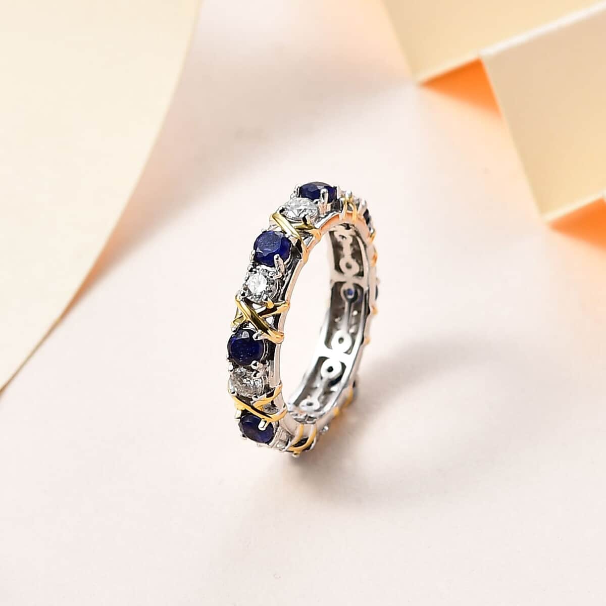 Moissanite and Masoala Sapphire (D) XOXO Eternity Ring in Vermeil YG and Platinum Over Sterling Silver (Size 6.0) 2.35 ctw image number 1