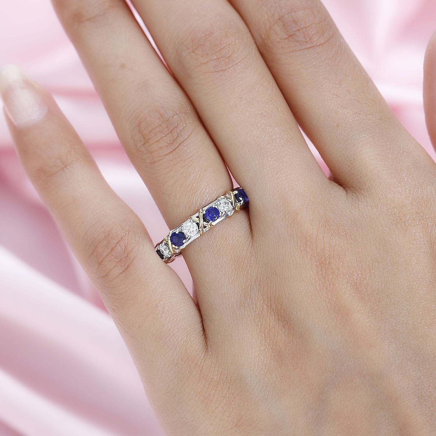 Moissanite and Masoala Sapphire (D) XOXO Eternity Ring in Vermeil YG and Platinum Over Sterling Silver (Size 6.0) 2.35 ctw