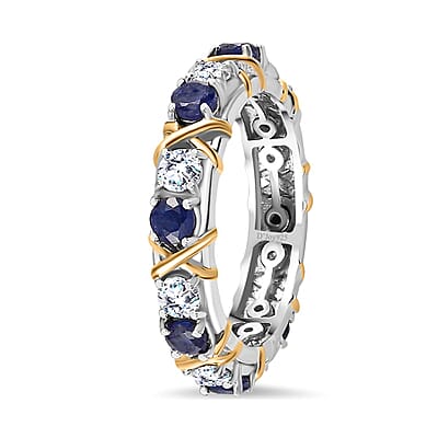 Moissanite and Masoala Sapphire (D) XOXO Eternity Ring in Vermeil YG and Platinum Over Sterling Silver (Size 6.0) 2.35 ctw
