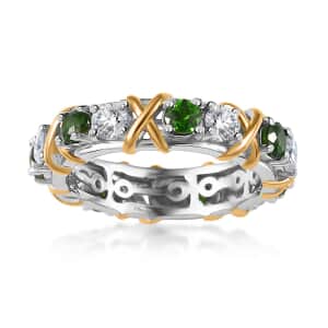 Moissanite and Chrome Diopside XOXO Eternity Ring in Vermeil YG and Platinum Over Sterling Silver (Size 6.0) 1.90 ctw