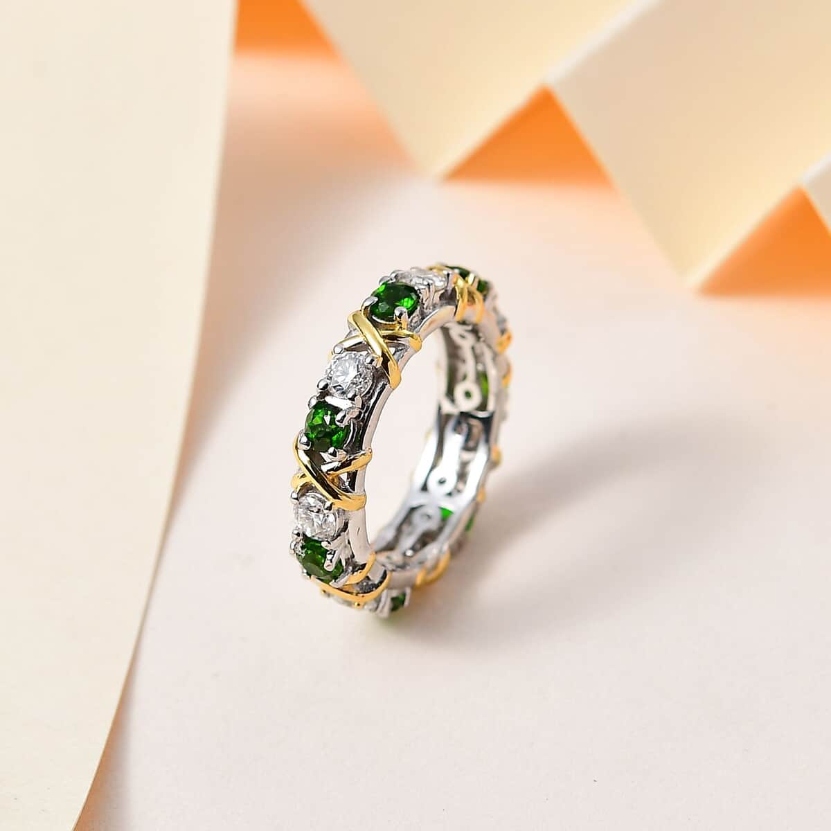 Moissanite and Chrome Diopside XOXO Eternity Ring in Vermeil YG and Platinum Over Sterling Silver (Size 6.0) 1.90 ctw image number 1