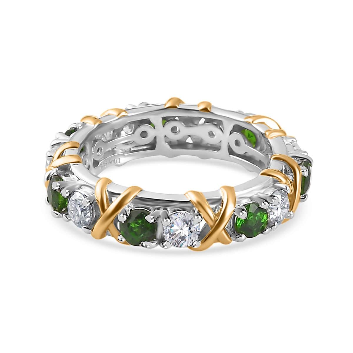 Moissanite and Chrome Diopside XOXO Eternity Ring in Vermeil YG and Platinum Over Sterling Silver (Size 6.0) 1.90 ctw image number 4