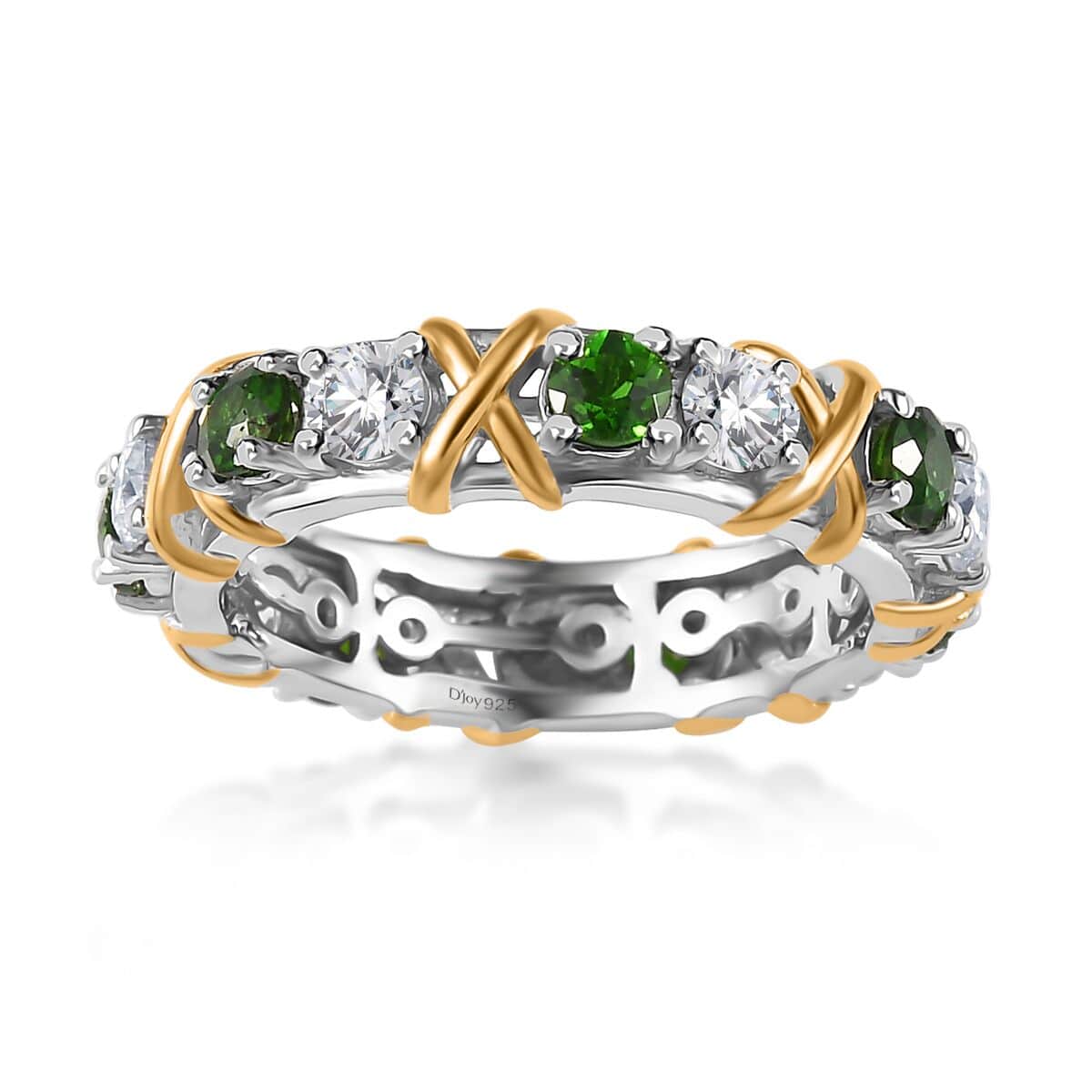 Moissanite and Chrome Diopside XOXO Eternity Ring in Vermeil YG and Platinum Over Sterling Silver (Size 7.0) 1.90 ctw image number 0
