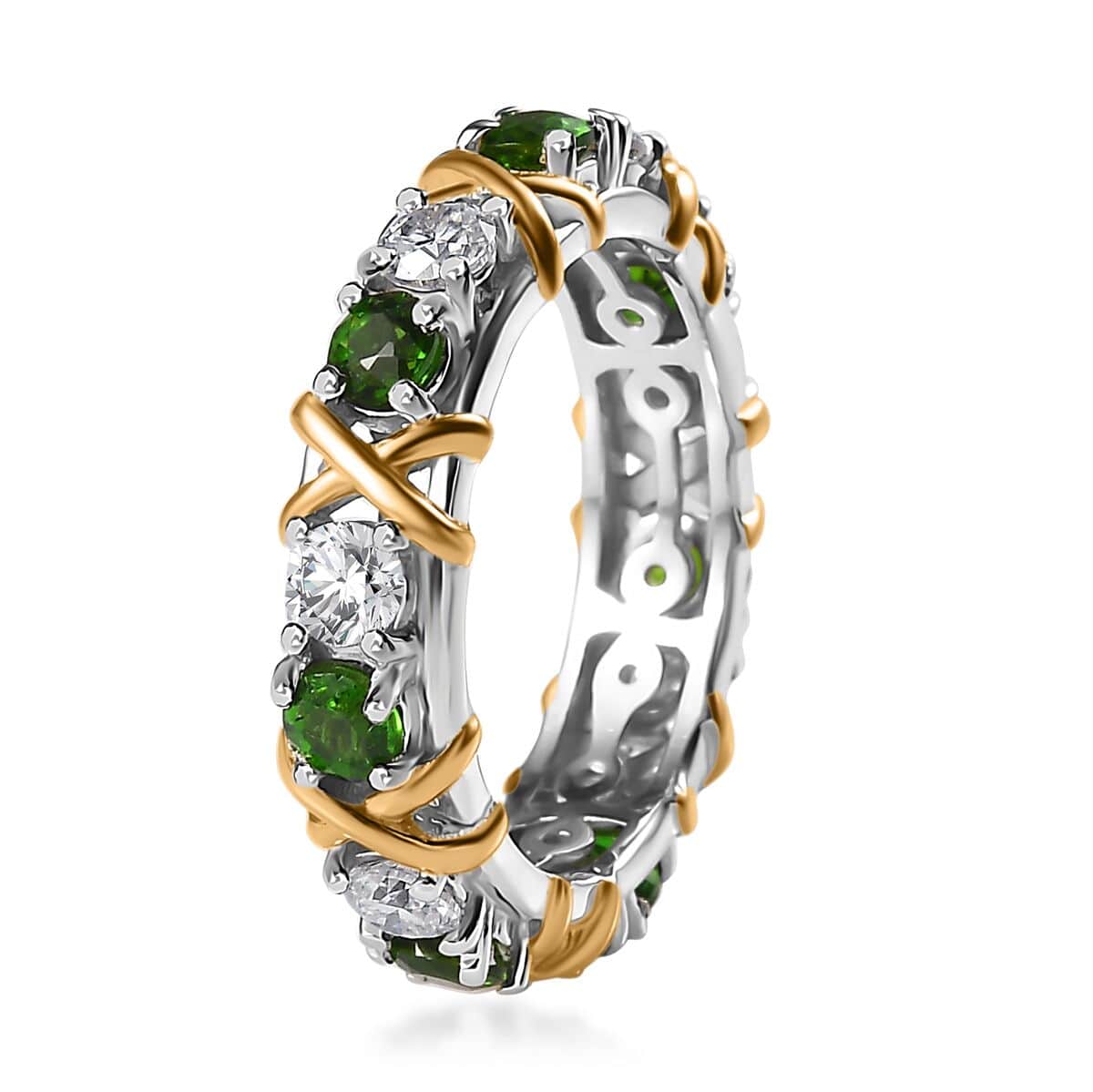 Moissanite and Chrome Diopside XOXO Eternity Ring in Vermeil YG and Platinum Over Sterling Silver (Size 7.0) 1.90 ctw image number 3