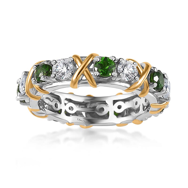 Moissanite and Chrome Diopside XOXO Eternity Ring in Vermeil YG and Platinum Over Sterling Silver (Size 8.0) 1.90 ctw