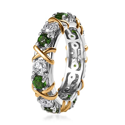 Moissanite and Chrome Diopside XOXO Eternity Ring in Vermeil YG and Platinum Over Sterling Silver (Size 8.0) 1.90 ctw