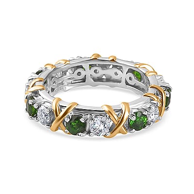 Moissanite and Chrome Diopside XOXO Eternity Ring in Vermeil YG and Platinum Over Sterling Silver (Size 8.0) 1.90 ctw
