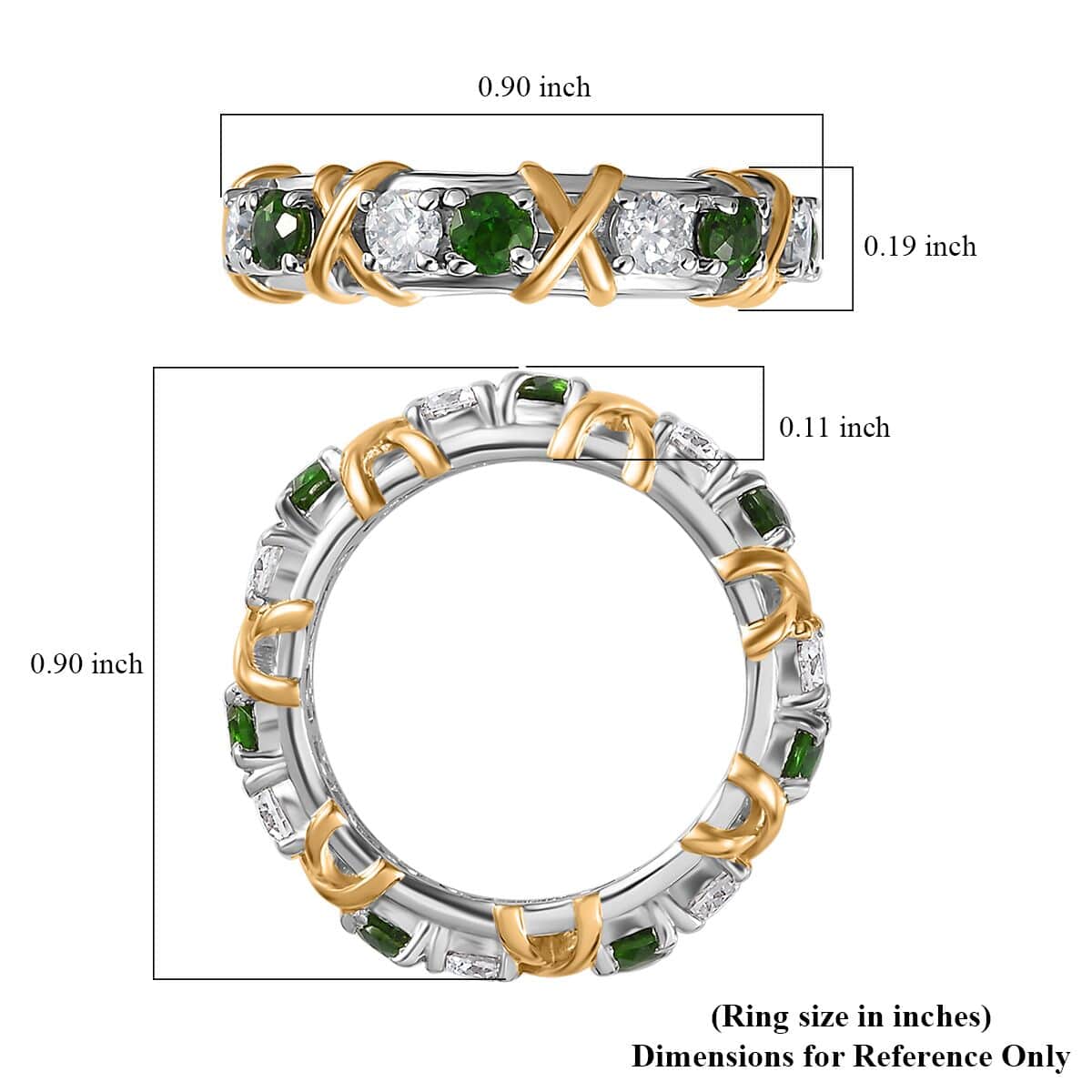 Moissanite and Chrome Diopside XOXO Eternity Ring in Vermeil YG and Platinum Over Sterling Silver (Size 8.0) 1.90 ctw image number 5