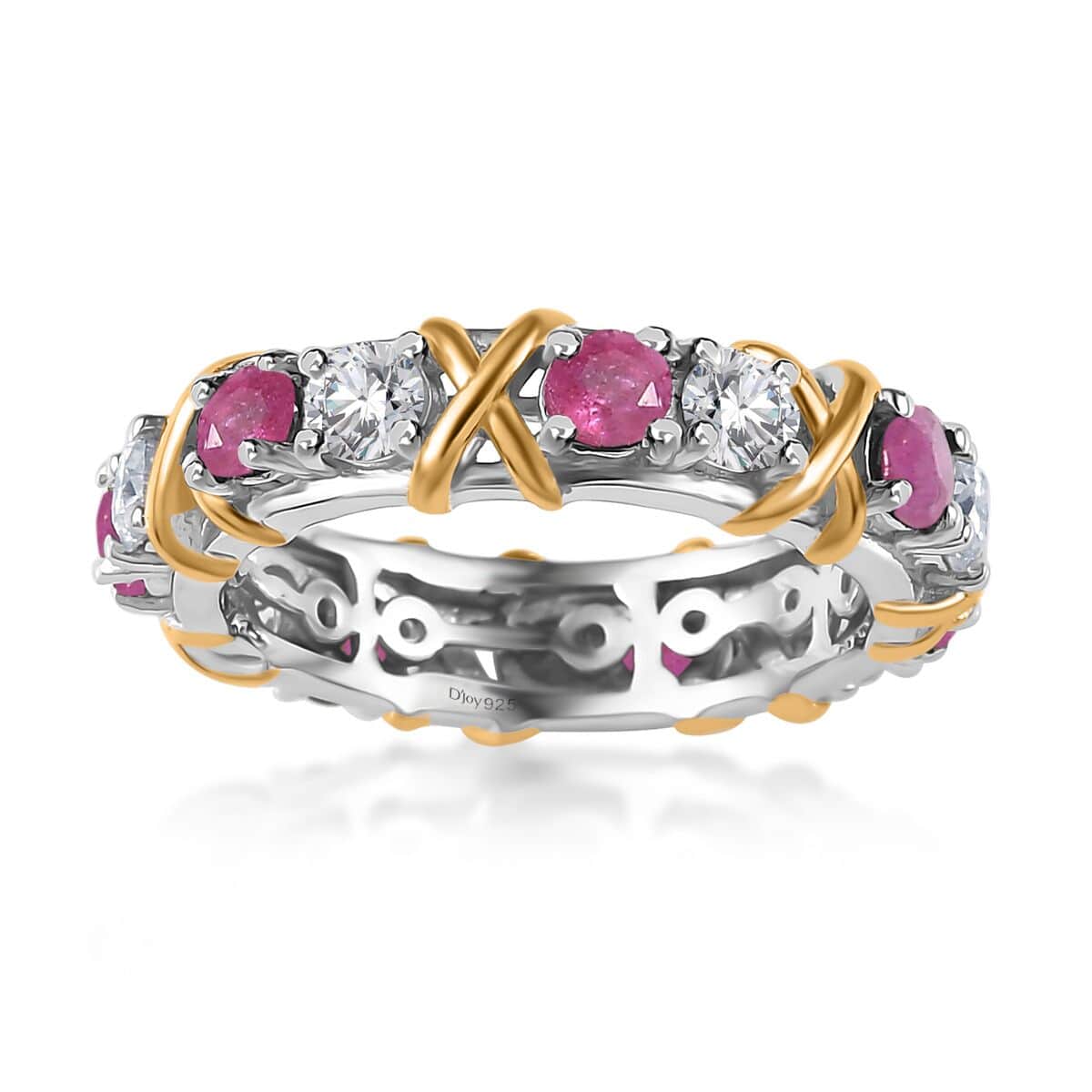 Moissanite and Niassa Ruby (FF) XOXO Eternity Ring in Vermeil YG and Platinum Over Sterling Silver (Size 6.0) 2.35 ctw image number 0