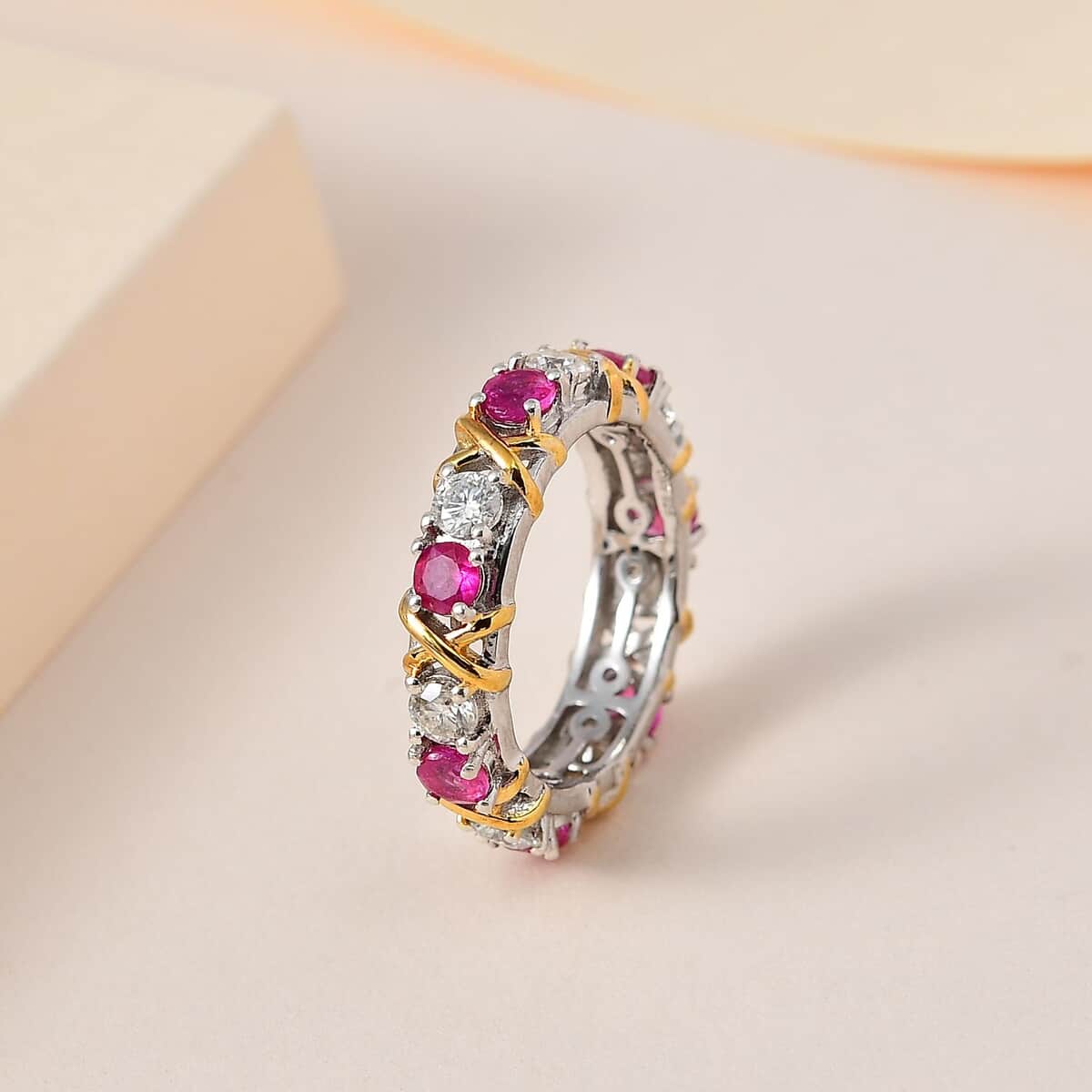 Moissanite and Niassa Ruby (FF) XOXO Eternity Ring in Vermeil YG and Platinum Over Sterling Silver (Size 6.0) 2.35 ctw image number 1