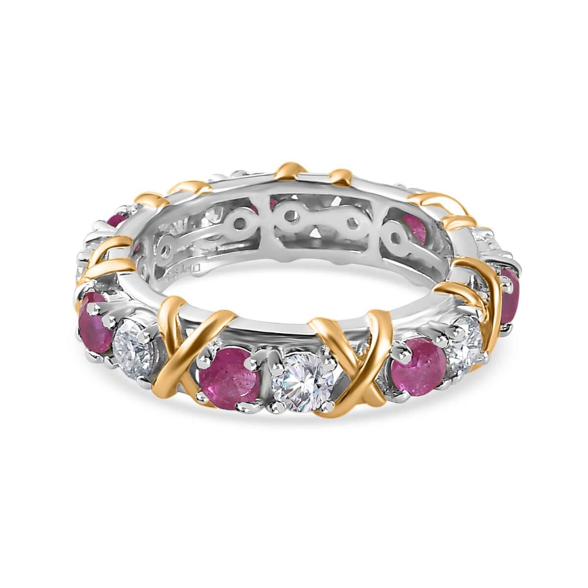 Moissanite and Niassa Ruby (FF) XOXO Eternity Ring in Vermeil YG and Platinum Over Sterling Silver (Size 6.0) 2.35 ctw image number 4