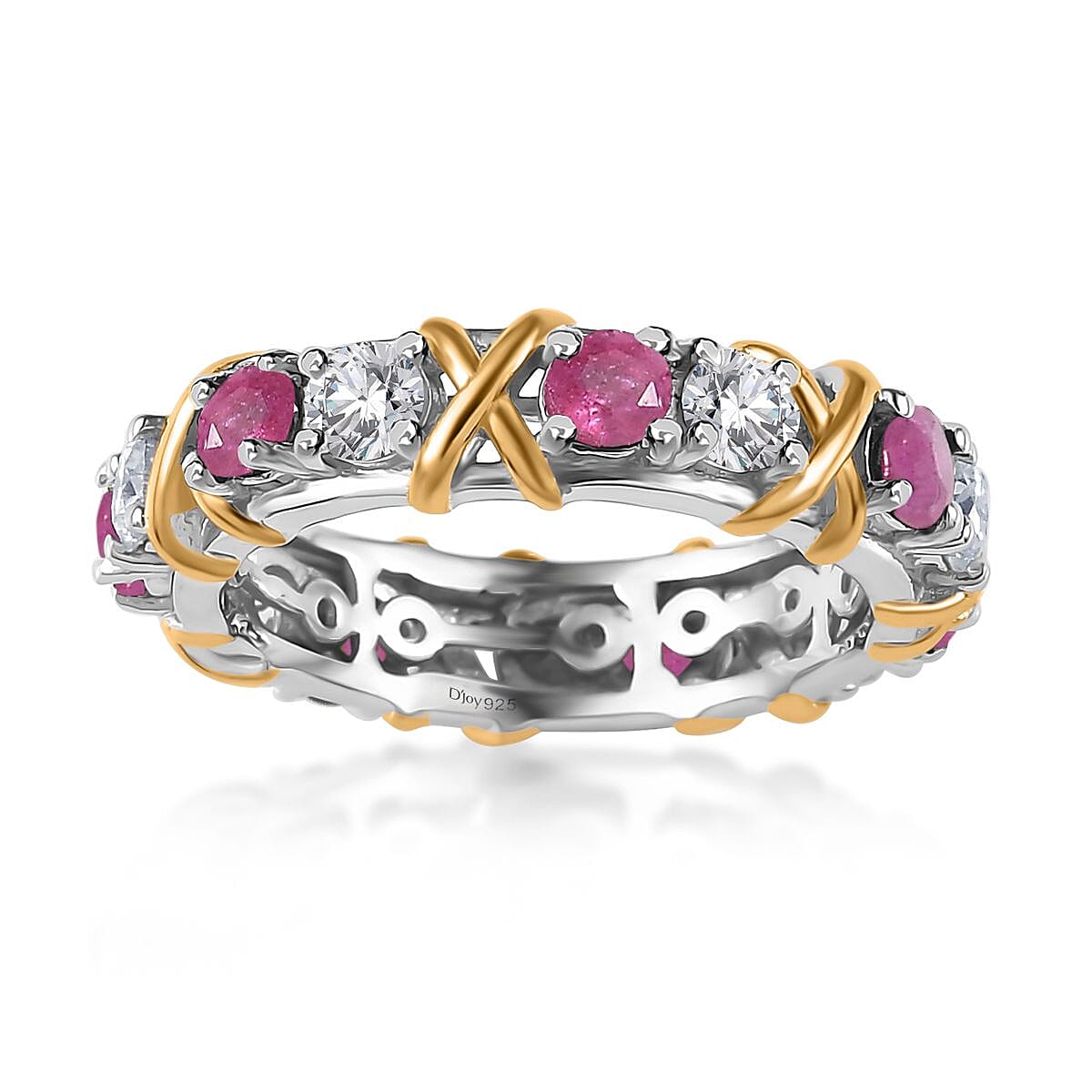 Moissanite and Niassa Ruby (FF) XOXO Eternity Ring in Vermeil YG and Platinum Over Sterling Silver (Size 8.0) 2.35 ctw image number 0