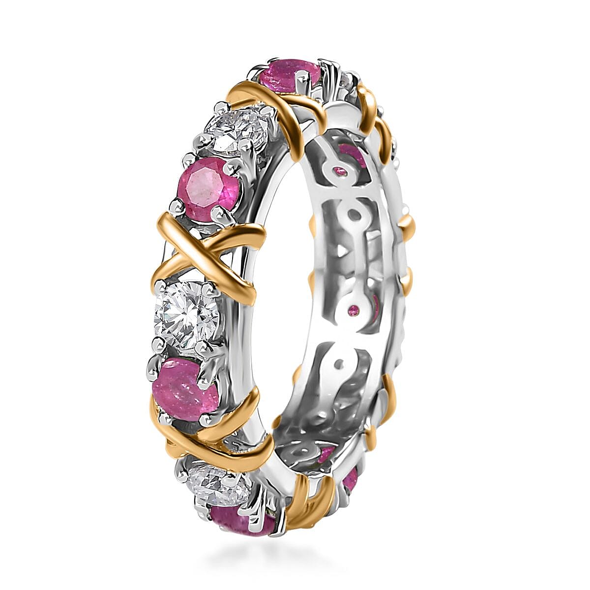 Moissanite and Niassa Ruby (FF) XOXO Eternity Ring in Vermeil YG and Platinum Over Sterling Silver (Size 8.0) 2.35 ctw image number 3