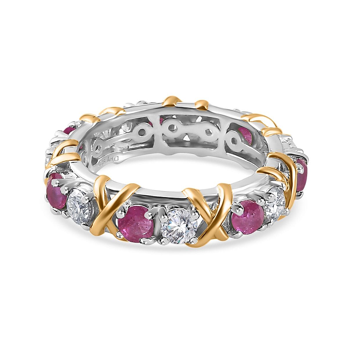Moissanite and Niassa Ruby (FF) XOXO Eternity Ring in Vermeil YG and Platinum Over Sterling Silver (Size 8.0) 2.35 ctw image number 4