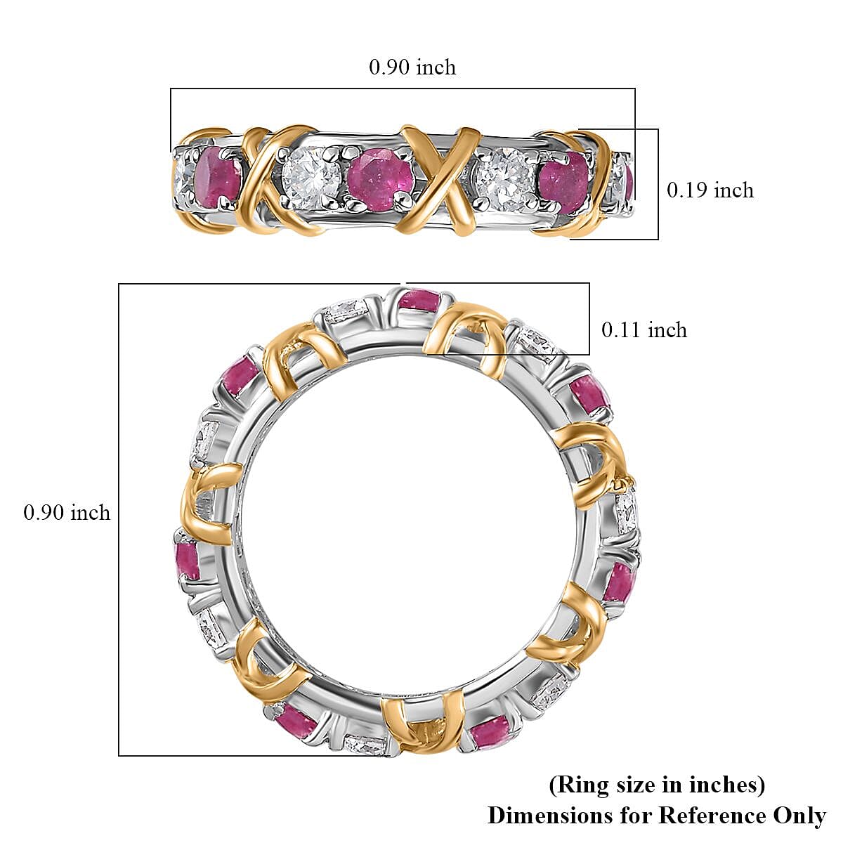 Moissanite and Niassa Ruby (FF) XOXO Eternity Ring in Vermeil YG and Platinum Over Sterling Silver (Size 8.0) 2.35 ctw image number 5