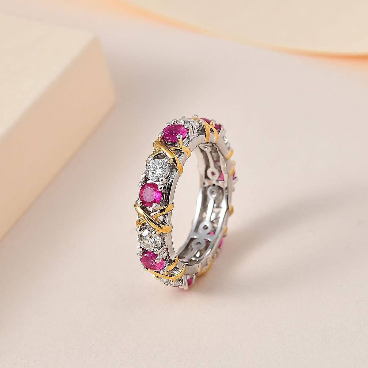Moissanite and Niassa Ruby (FF) XOXO Eternity Ring in Vermeil YG and Platinum Over Sterling Silver (Size 9.0) 2.35 ctw image number 1