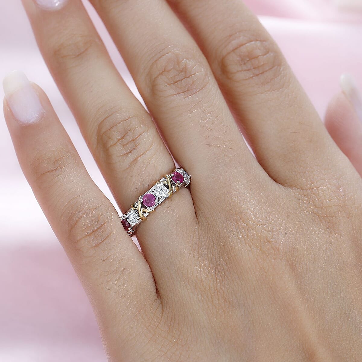 Moissanite and Niassa Ruby (FF) XOXO Eternity Ring in Vermeil YG and Platinum Over Sterling Silver (Size 9.0) 2.35 ctw image number 2