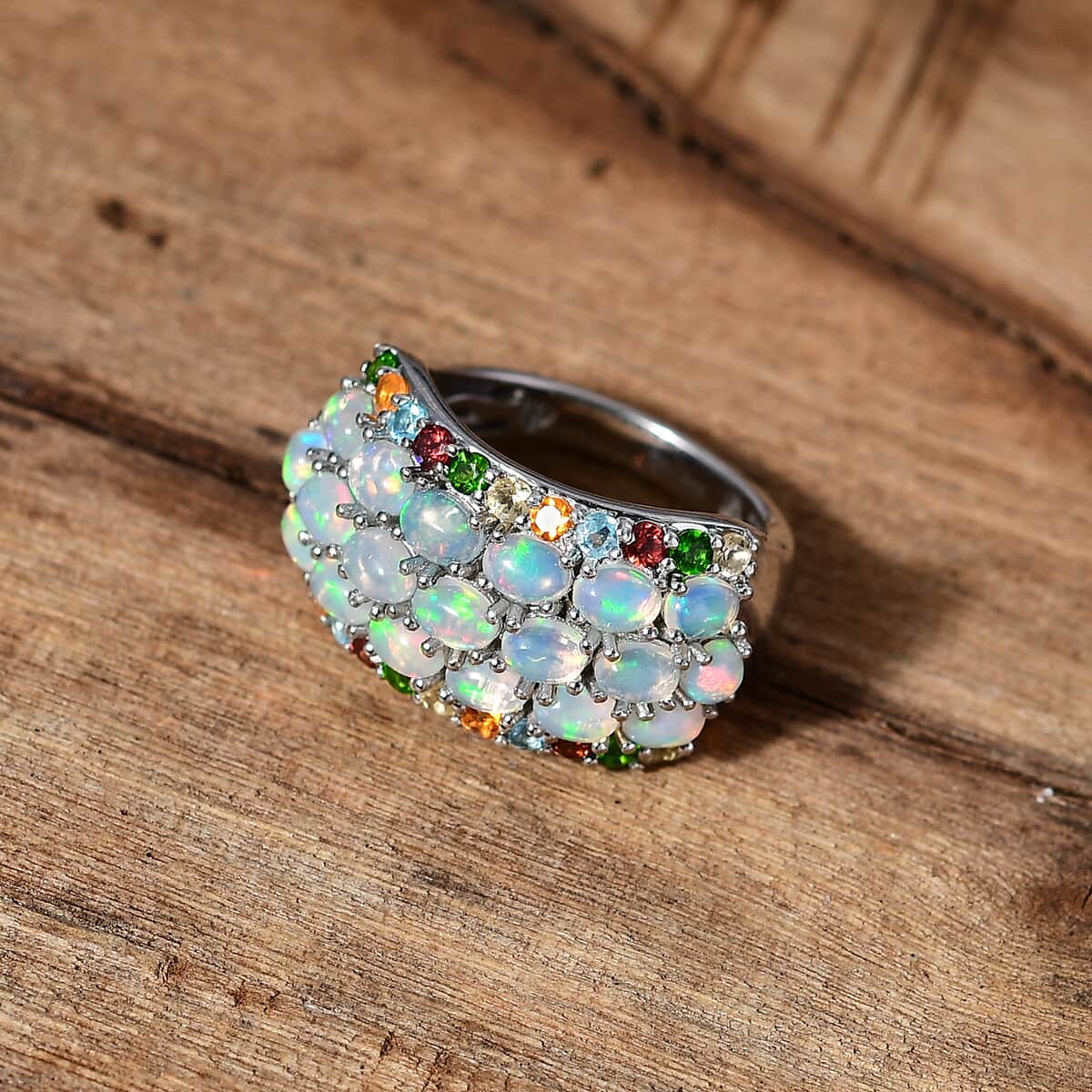 Premium Ethiopian Welo Opal and Multi Gemstone Ring in Platinum Over Sterling Silver (Size 10.0) 2.90 ctw image number 2