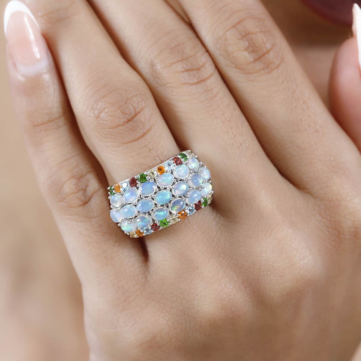 Premium Ethiopian Welo Opal and Multi Gemstone Ring in Platinum Over Sterling Silver (Size 10.0) 2.90 ctw image number 3