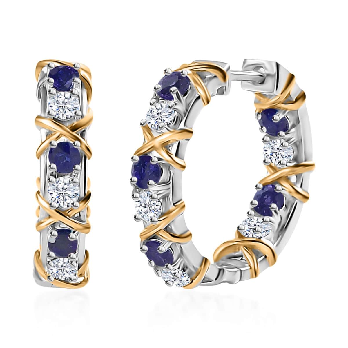 Moissanite and Masoala Sapphire (D) XOXO Hoop Earrings in Vermeil YG and Platinum Over Sterling Silver 2.90 ctw image number 0