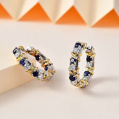 Moissanite and Masoala Sapphire (D) XOXO Hoop Earrings in Vermeil YG and Platinum Over Sterling Silver 2.90 ctw
